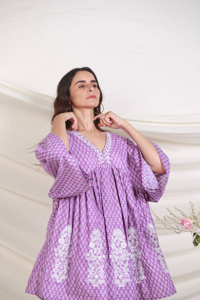 Cotton Nyra Cut Embroidery Buti Short Dress in Purple
