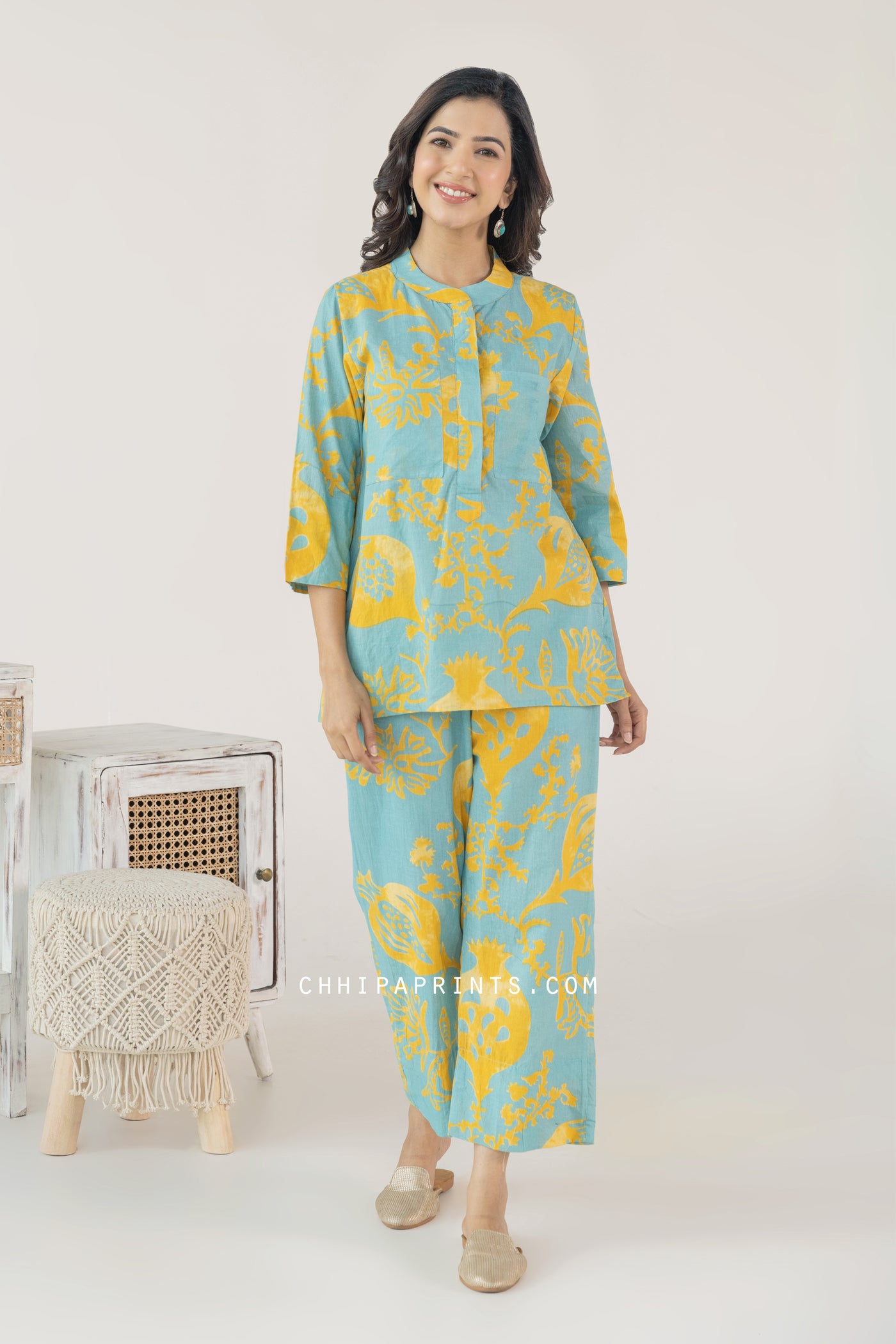 Cotton Hand Printed Anar Jaal Co Ord Set in Shades of Green and Yellow