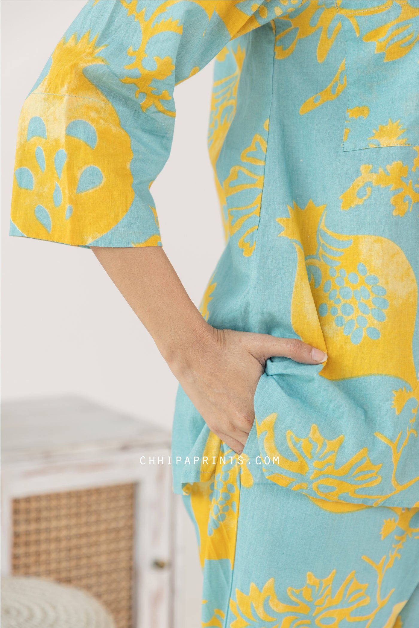 Cotton Hand Printed Anar Jaal Co Ord Set in Shades of Green and Yellow