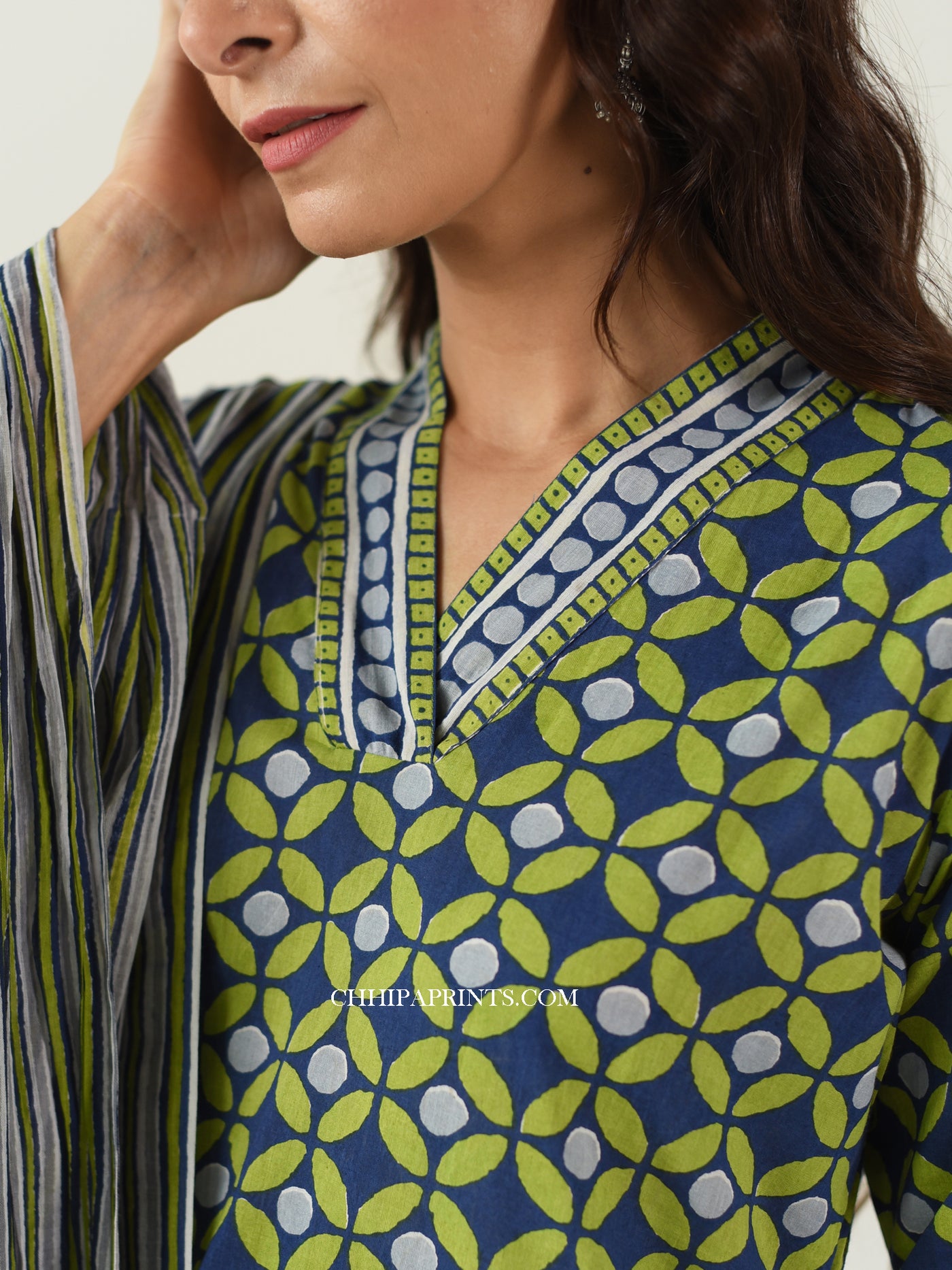 Cotton Geometric Print Suit Set In Shades Of Green And Navy Blue