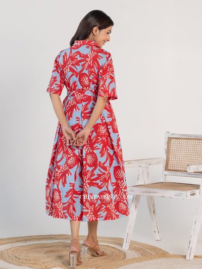 Cotton Pineapple Print Midi Dress In shades of Red and Blue