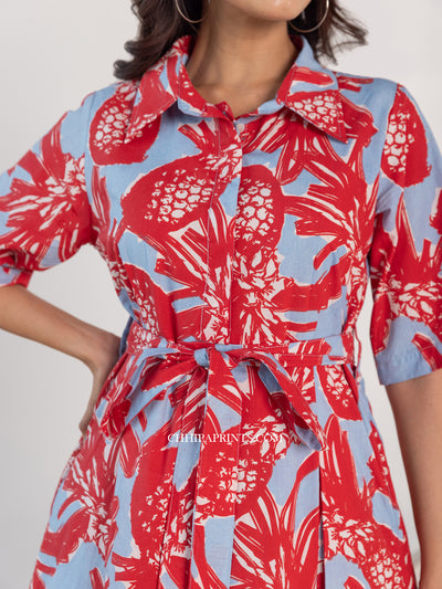 Cotton Pineapple Print Midi Dress In shades of Red and Blue