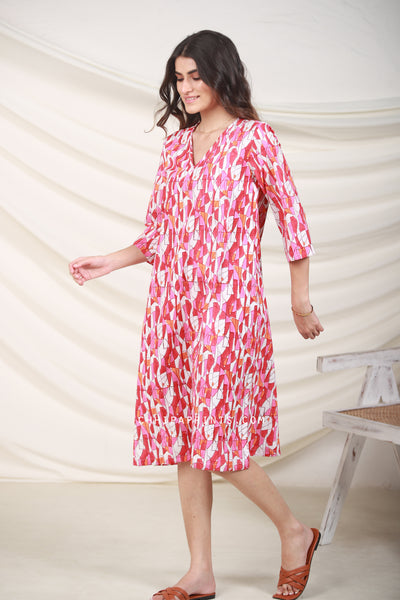 Cotton Abstract Print Tunic Midi Dress In Shade Of Pink And Red