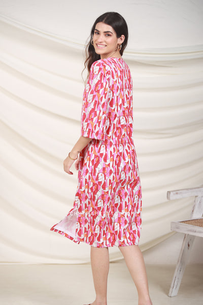 Cotton Abstract Print Tunic Midi Dress In Shade Of Pink And Red
