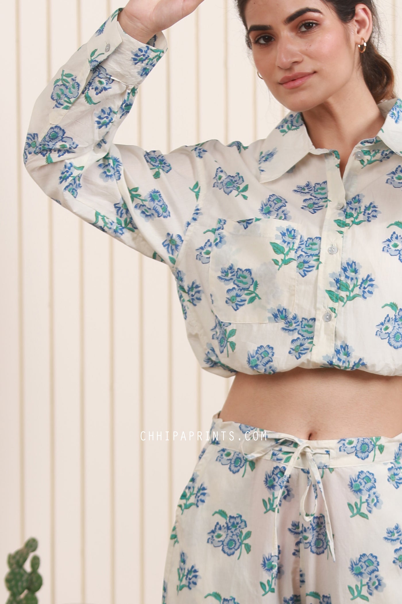 Cotton Floral Print Co Ord set In Ice Blue