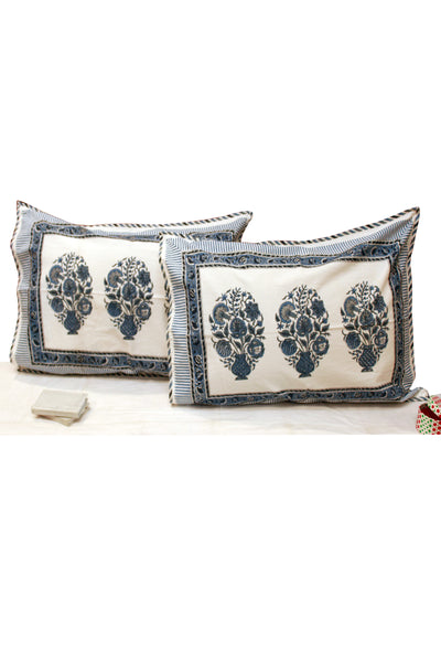 Cotton Mughal Buta Hand Block Print Pillow Cover in Blue
