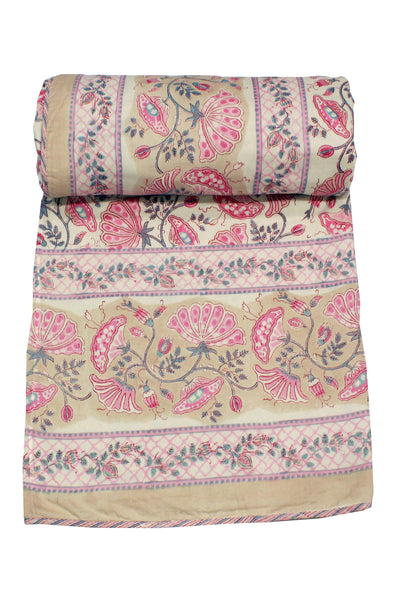Cotton Lotus Flower Jaal Hand Block Print Dohar in Kashish Pink