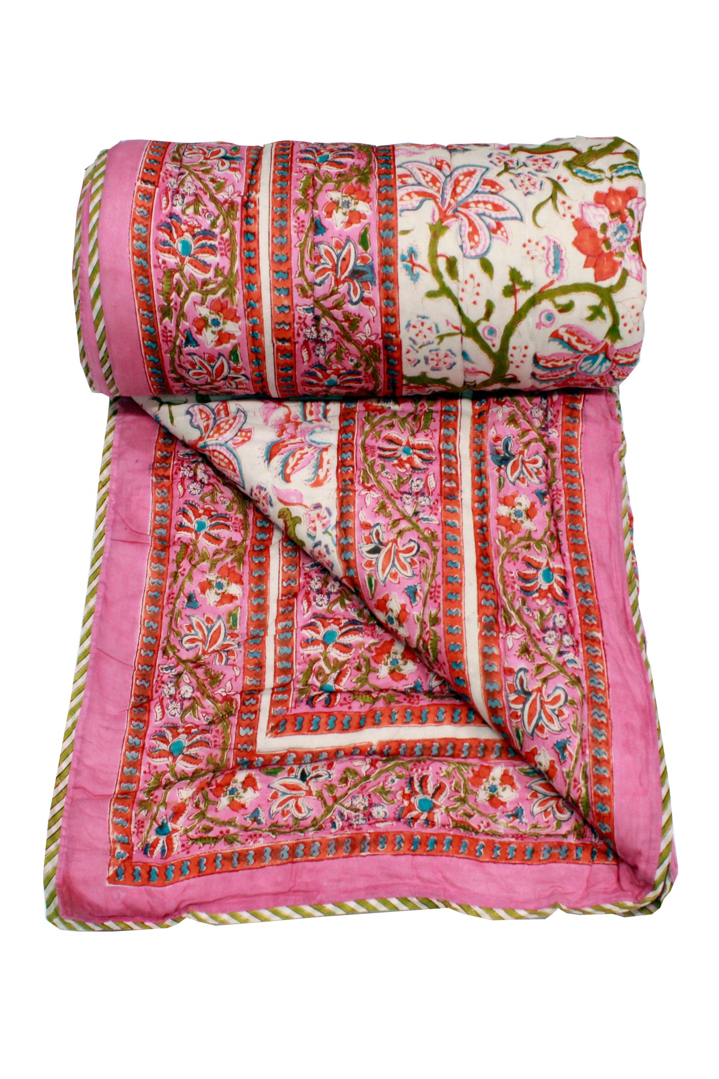 Quilt Big Flower Jaal Hand Block Print in Blossom Pink