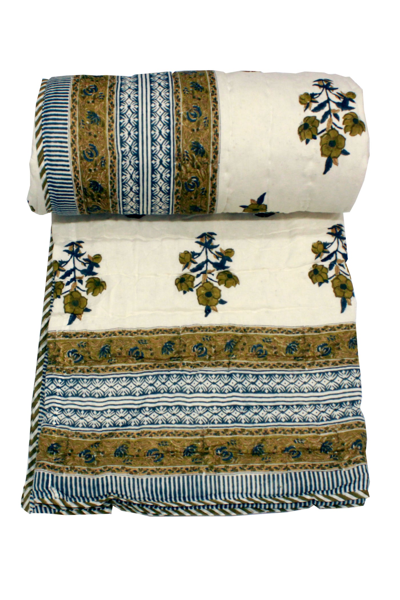Quilt Mughal Buta Hand Block Print in Olive Green