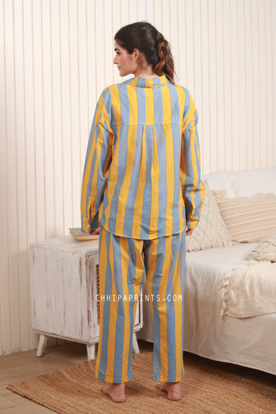 Cotton Stripe Print Co Ord Set in Shades of Turmeric Yellow and Grey