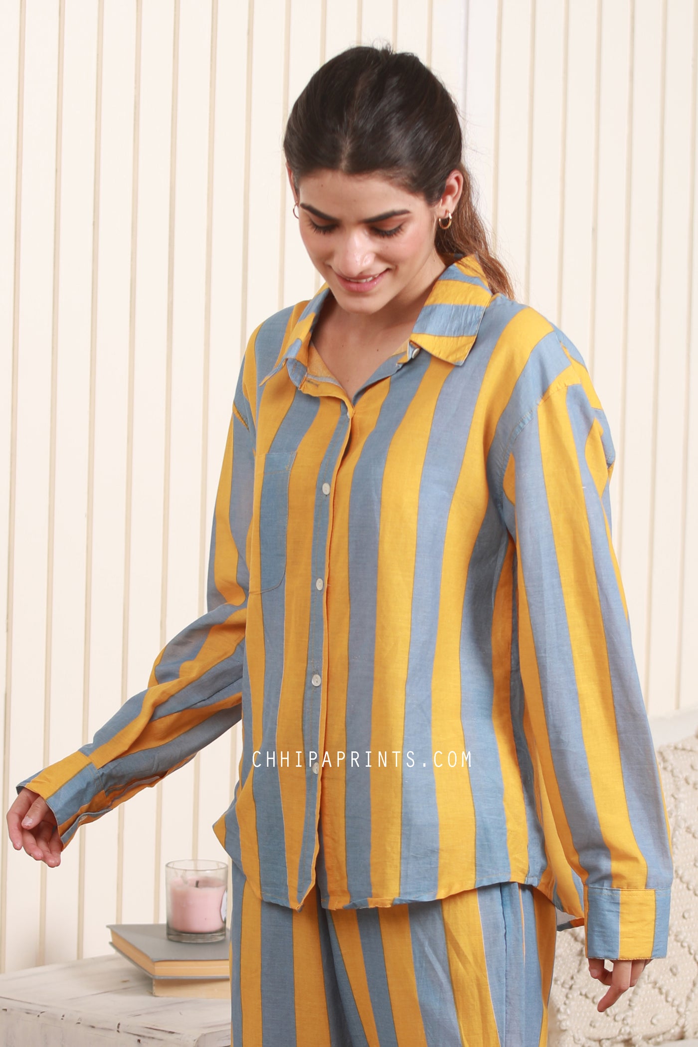 Cotton Stripe Print Co Ord Set in Shades of Turmeric Yellow and Grey