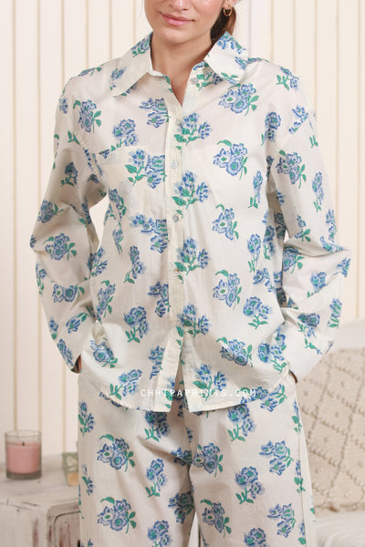Cotton Floral Print Co Ord set In Ice Blue
