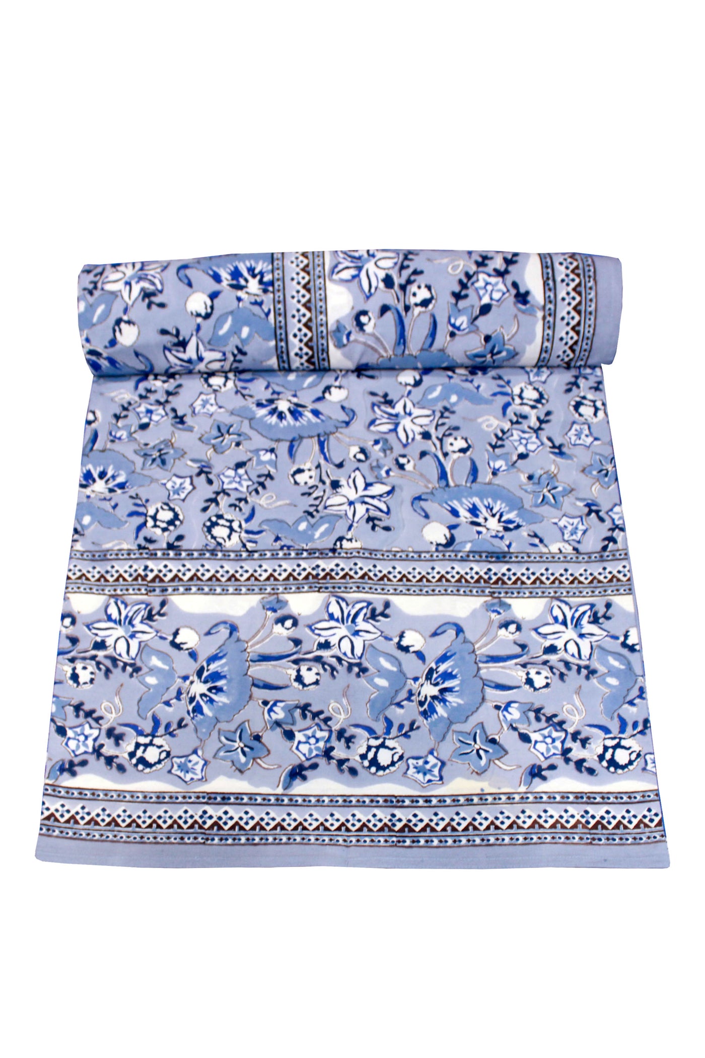 Cotton Lotus Flower Jaal Hand Block Print  Bedsheet in Powder Blue