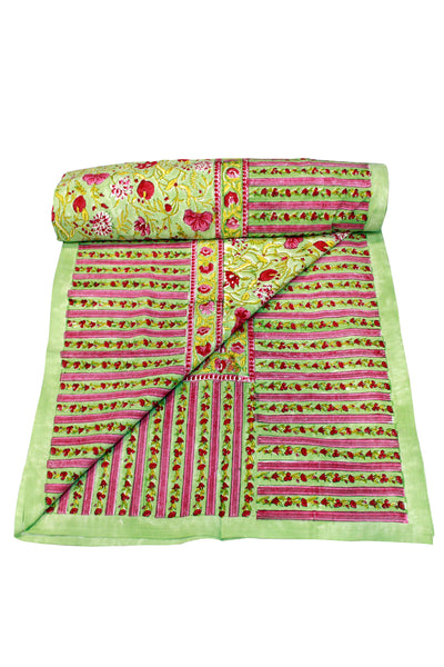Cotton Floral Jaal Block Print Bedsheet in Forest Green