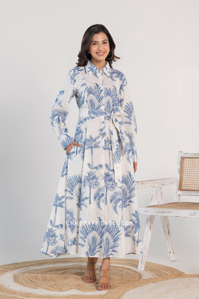 Cotton Palm Print Long Shirt Dress with Belt in Blue