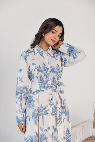 Cotton Palm Print Long Shirt Dress with Belt in Blue