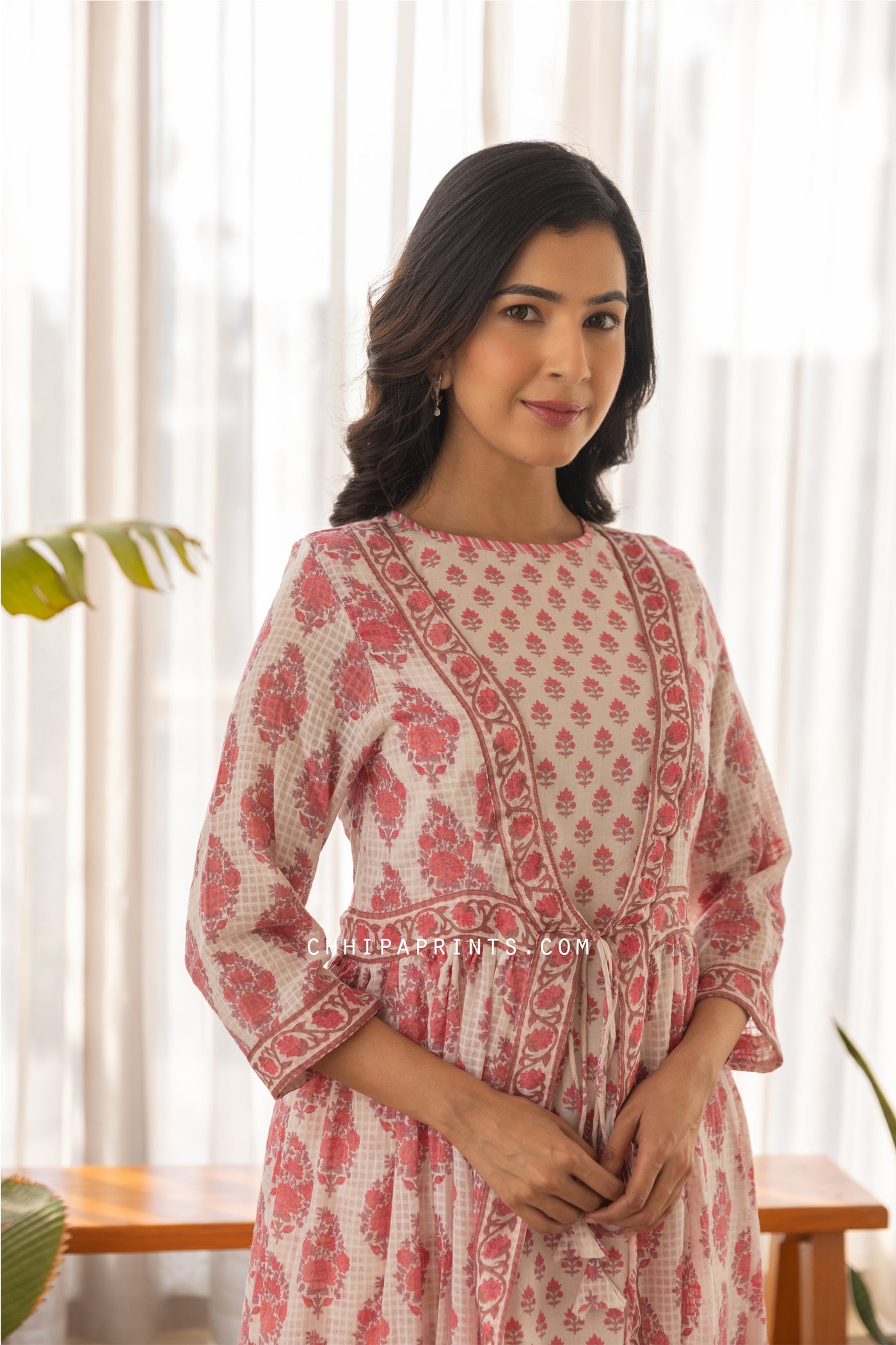 Cotton Mughal Bota Overlay Jacket with Inner and Pants Set in Dusty Rose