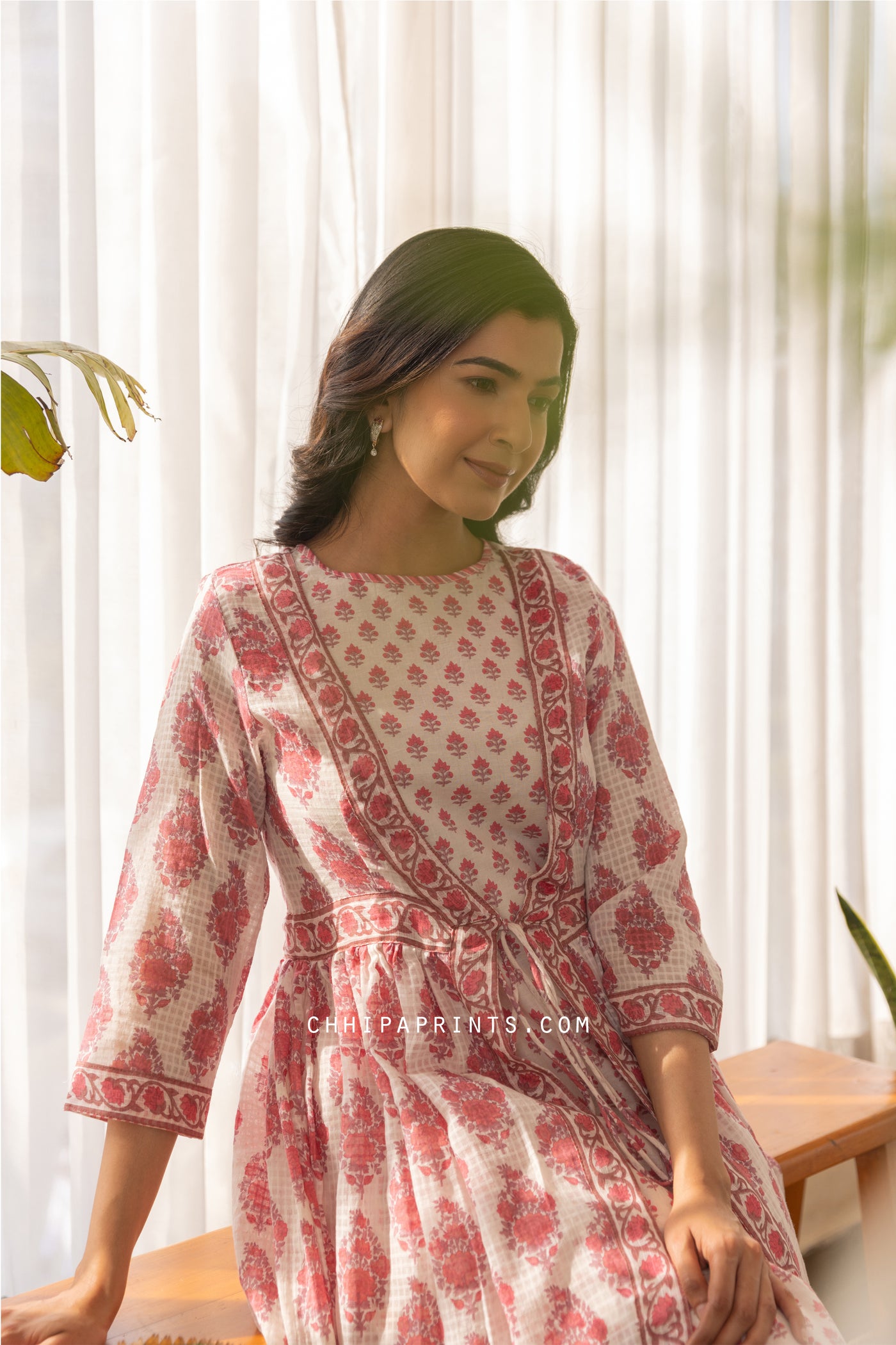 Cotton Mughal Bota Overlay Jacket with Inner and Pants Set in Dusty Rose