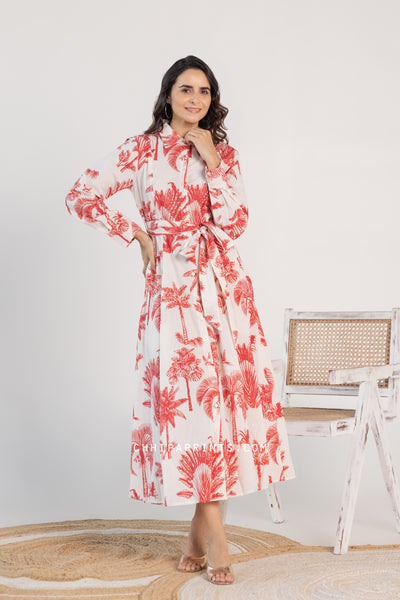 Cotton Palm Print Long Shirt Dress with Belt in Red