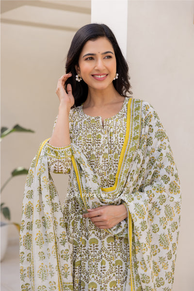Cotton Block Print Mahin Jaal Suit Set in Shades of Green