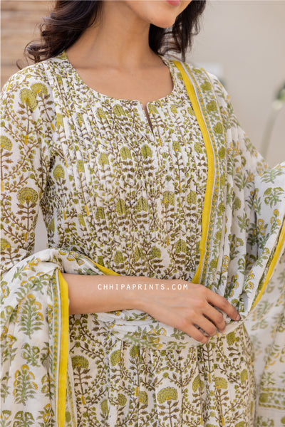 Cotton Block Print Mahin Jaal Suit Set in Shades of Green