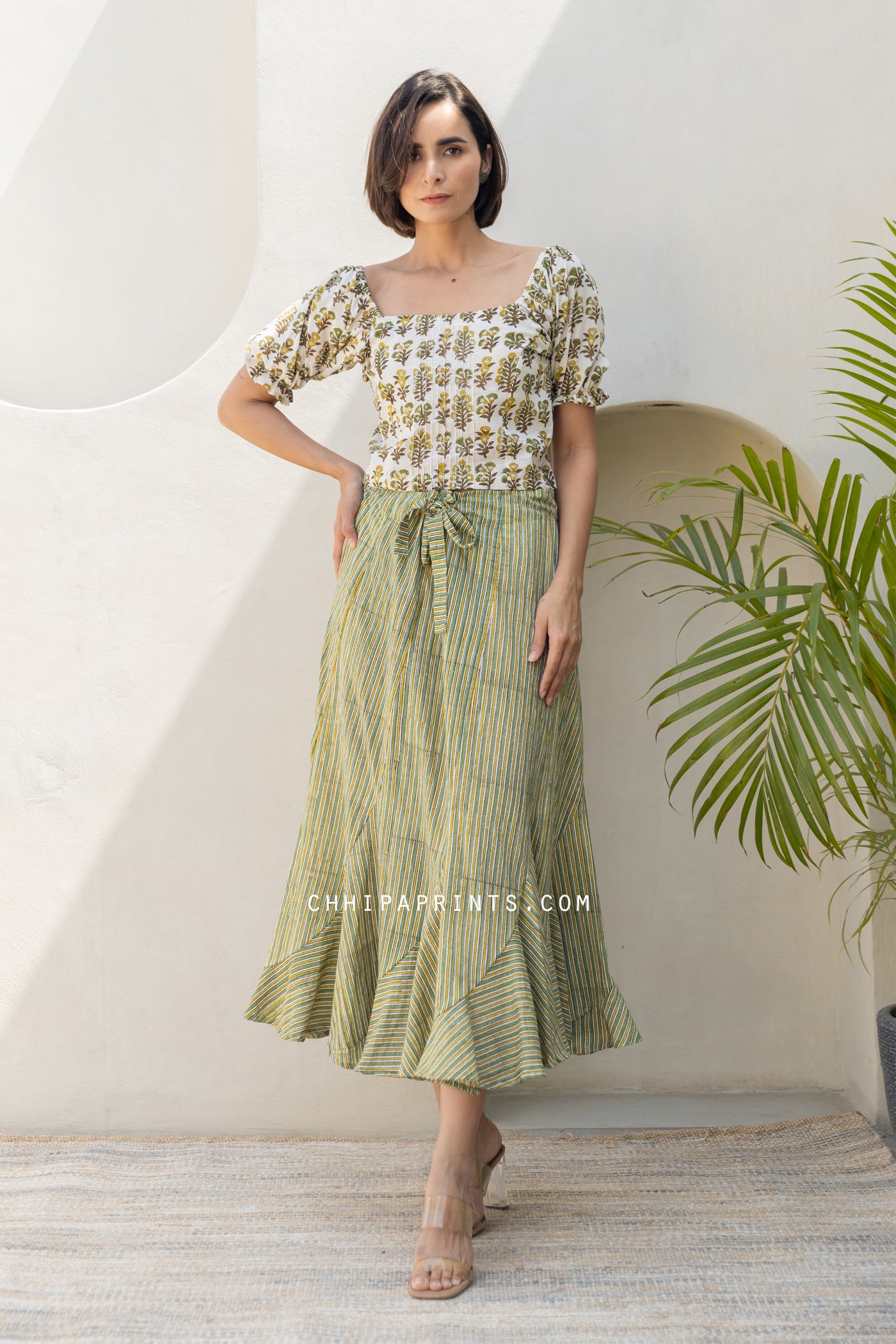 Cotton Block Print Buti Blouse and Stripes Skirt Co Ord Set in Green (Set of 2)
