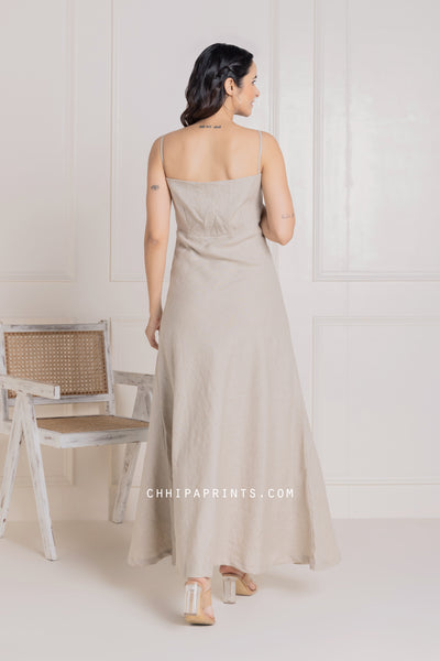 Pure Linen Sleeveless Long Dress in Solid Natural Grey