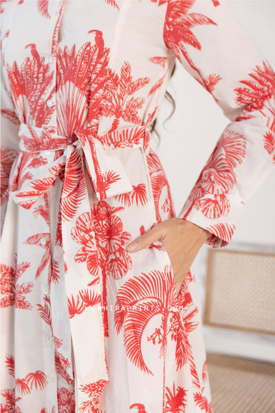 Cotton Palm Print Long Shirt Dress with Belt in Red