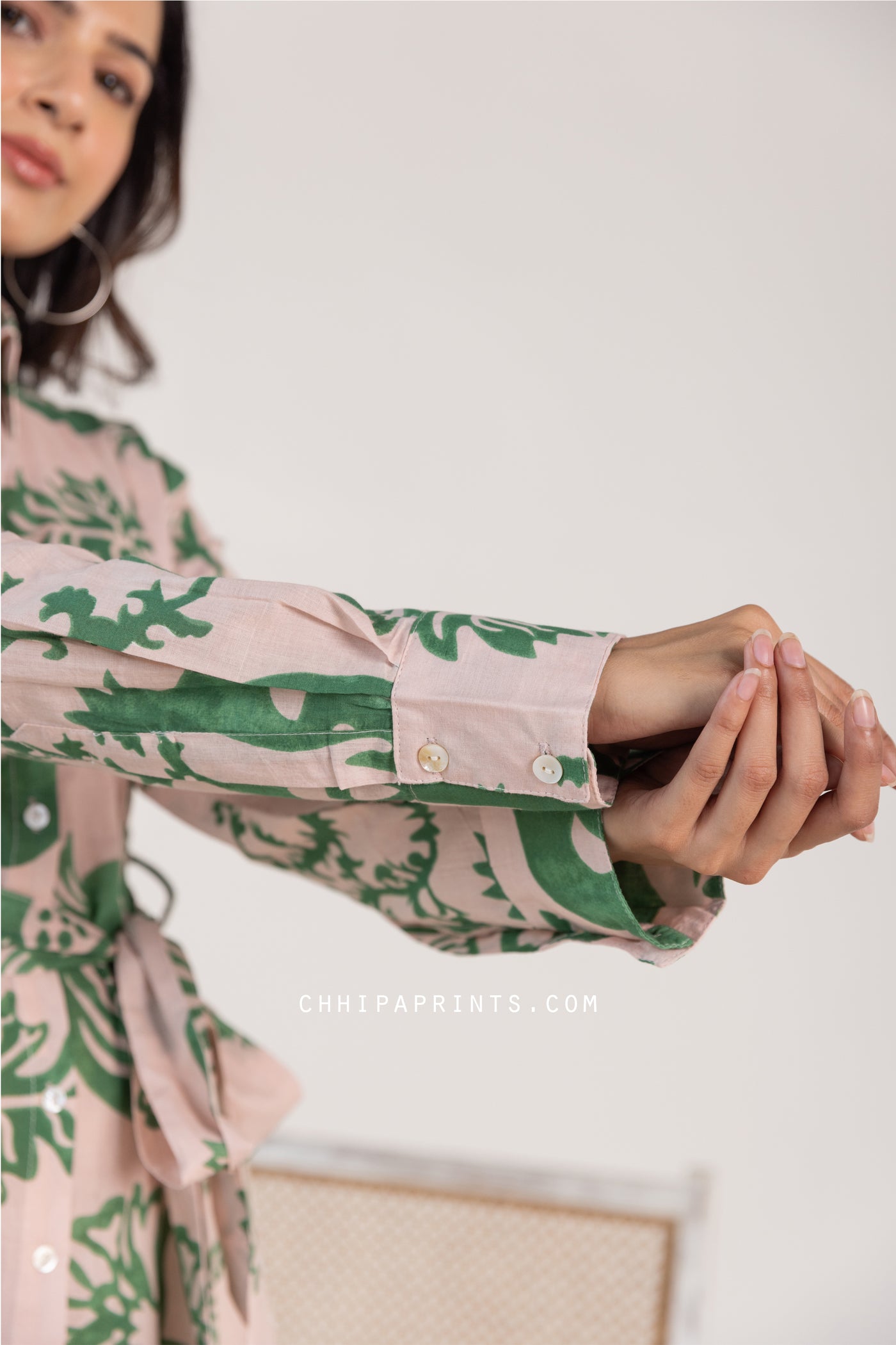 Cotton Anar Jaal Print Long Shirt Dress with Belt in Shades of Green and Pink