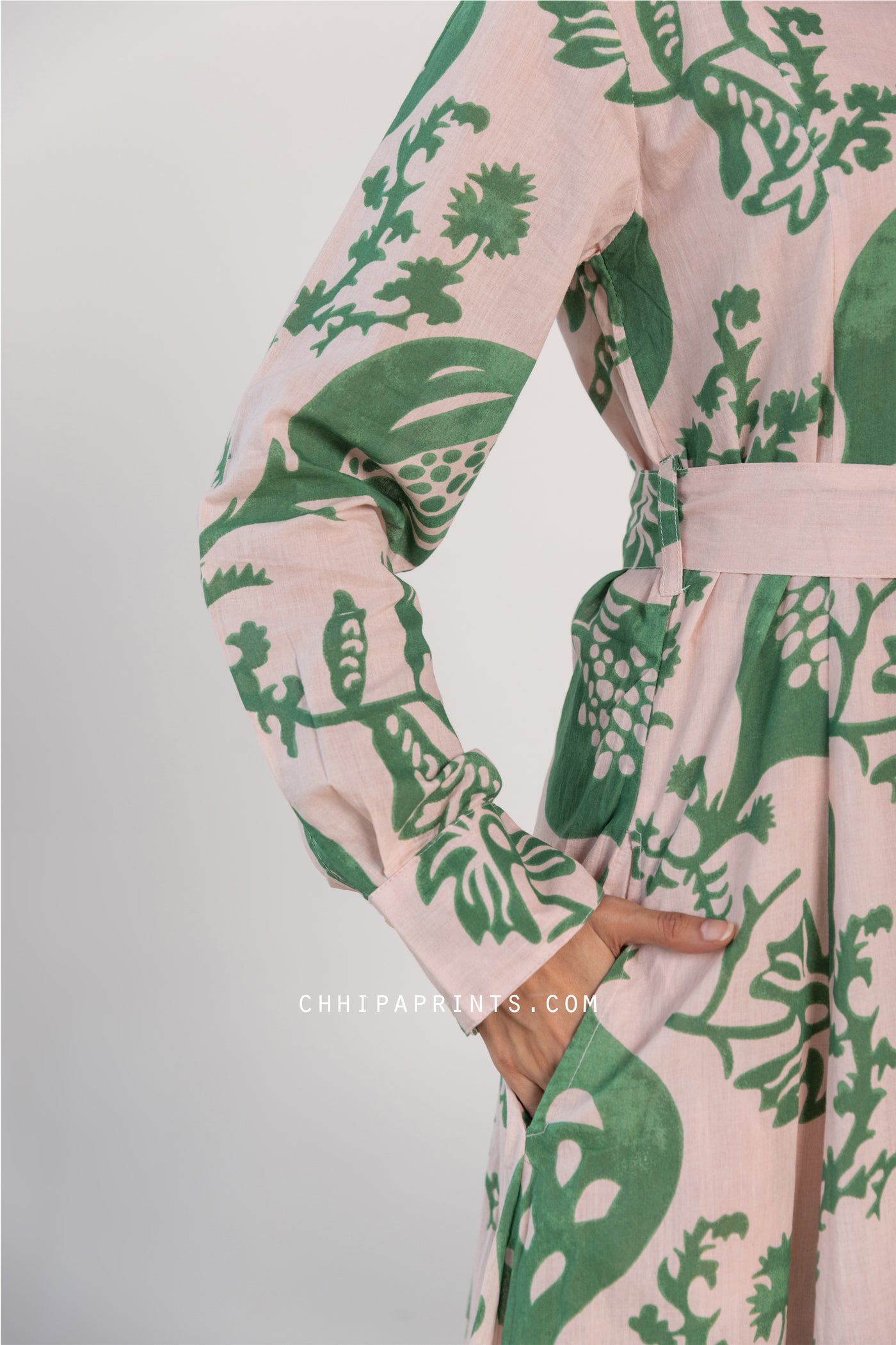 Cotton Anar Jaal Print Long Shirt Dress with Belt in Shades of Green and Pink