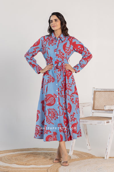 Cotton Anar Jaal Print Long Shirt Dress with Belt in Shades of Blue and Red