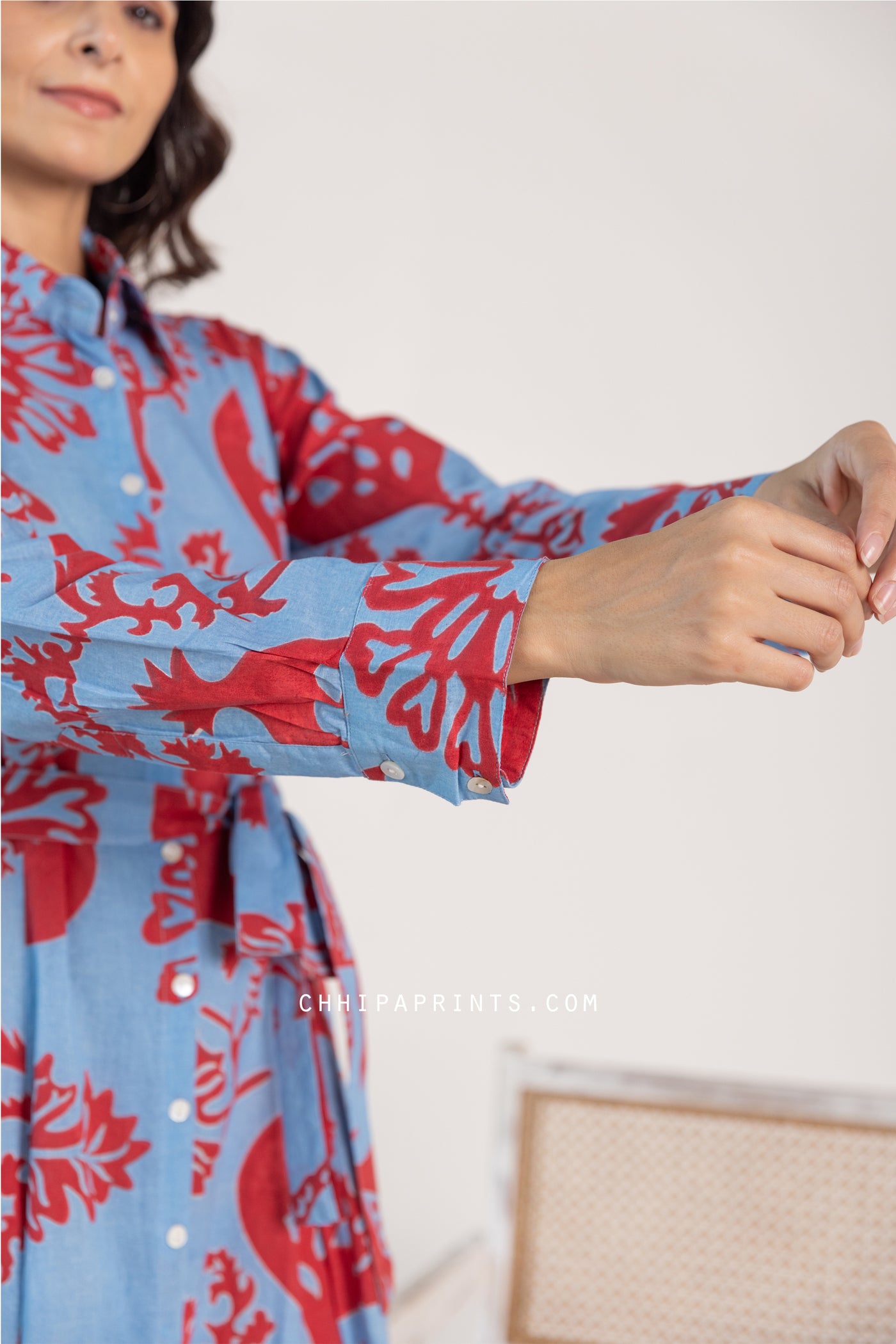 Cotton Anar Jaal Print Long Shirt Dress with Belt in Shades of Blue and Red