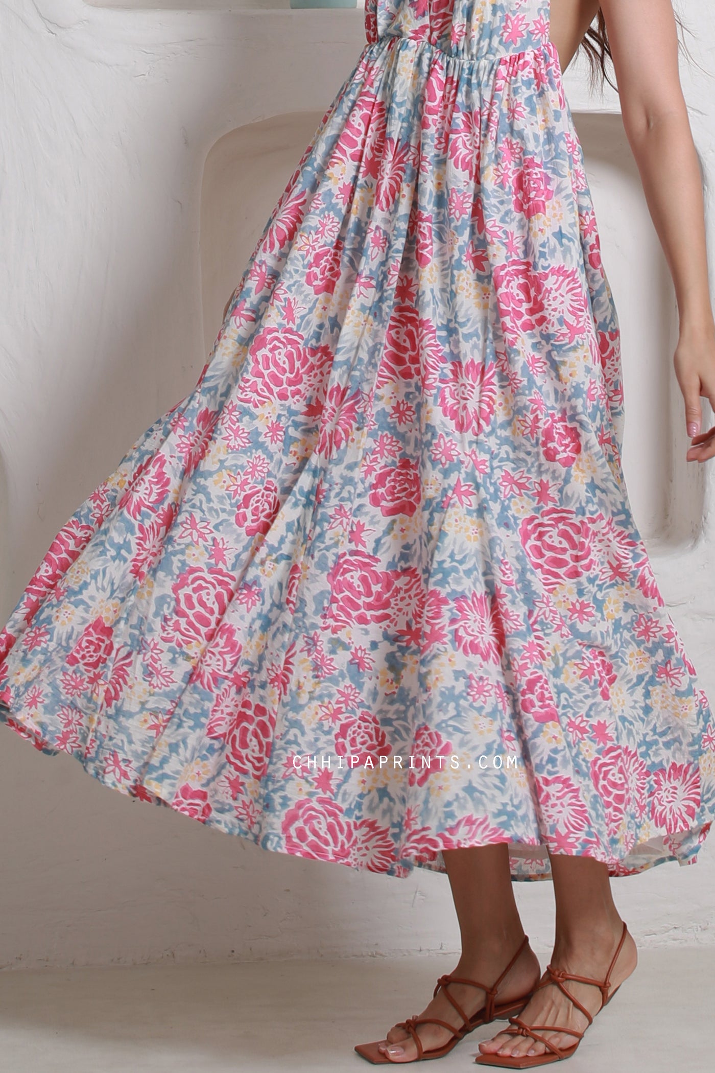 Cotton Hand Block Floral Print Maxi Dress In Shades of Pink and Blue