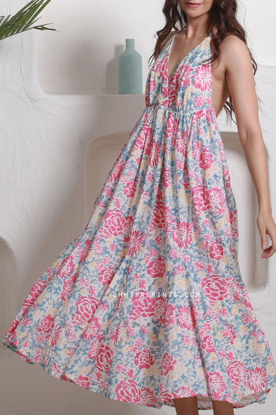 Cotton Hand Block Floral Print Maxi Dress In Shades of Pink and Blue