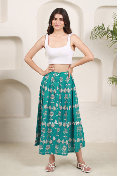 Cotton Bird Print Shirt & Skirt Co Ord set in Persian Green
