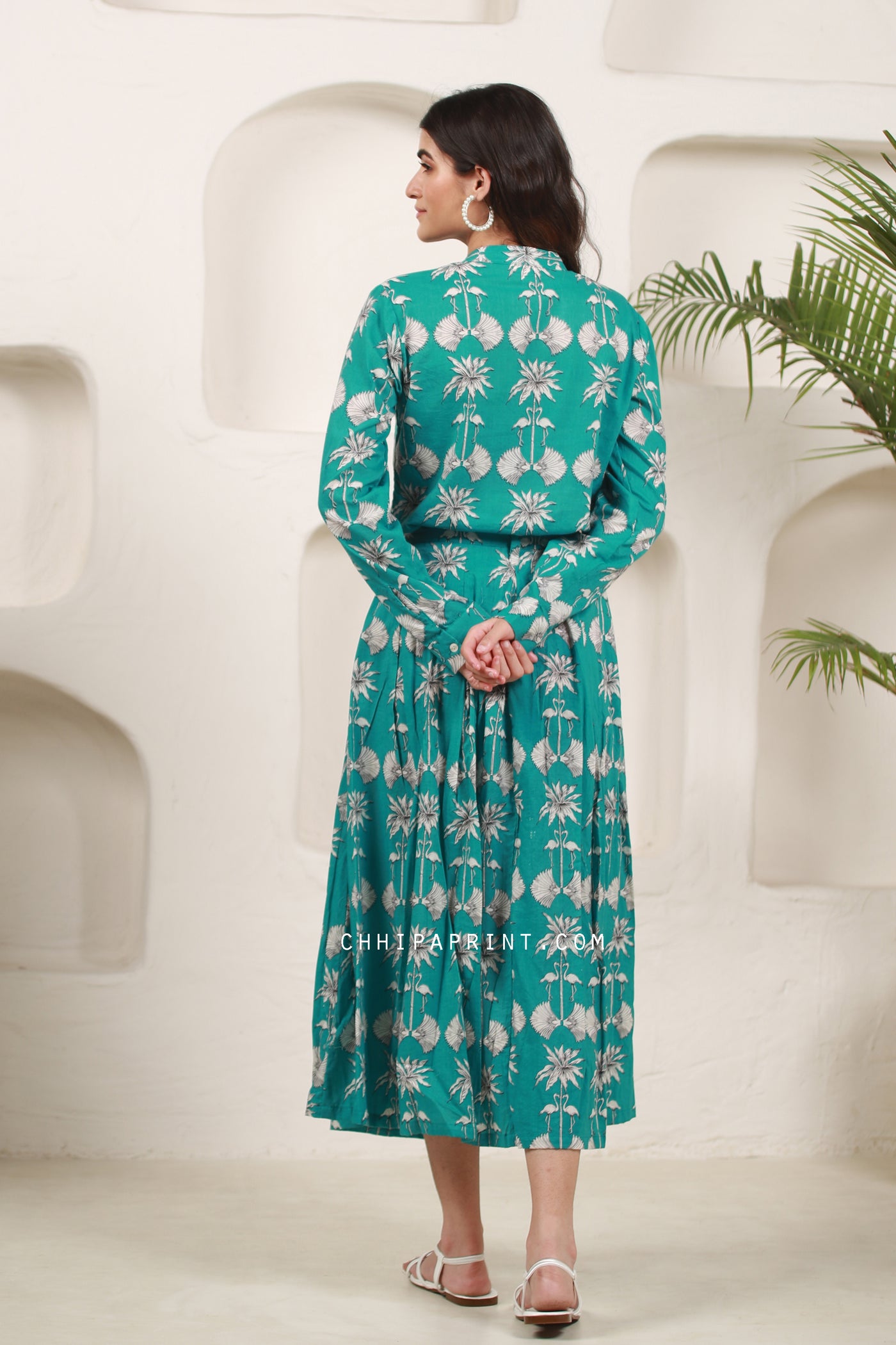 Cotton Bird Print Shirt & Skirt Co Ord set in Persian Green