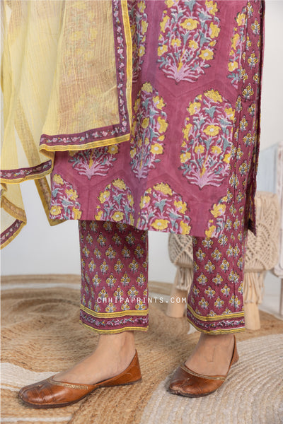 Cotton Mughal Buta Suit Set in Shades of Wine and Yellow