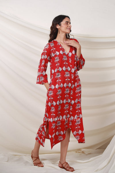 Cotton Bird Print Tunic Midi Dress in Red