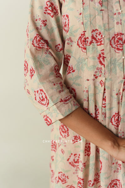 Cotton Lotus Jaal Print Kurta Set in Shades of Beige & Red