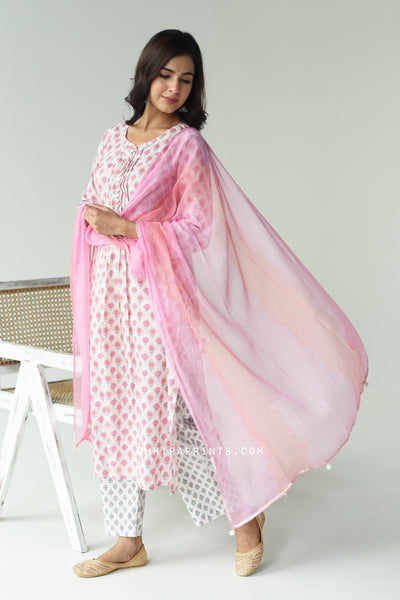Cotton Buti Print Suit Set in Shades of Pink and Grey