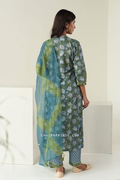 Cotton Mughal Jaal Kurta Set in Shades of Green and Blue
