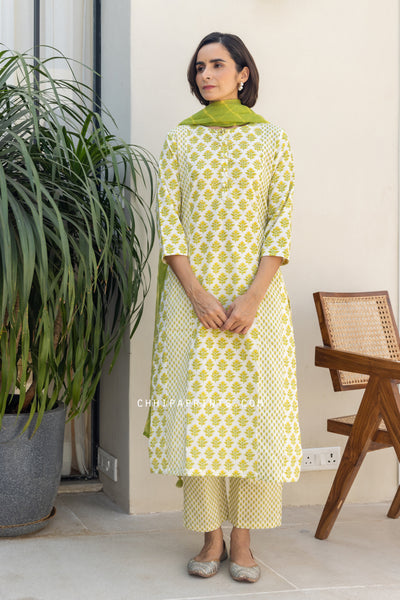 Cotton Mahin Buti Kalidar Kurta Set in Shades of Lime Green