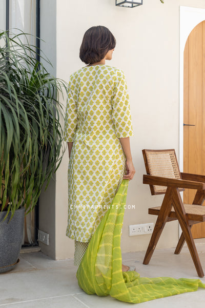Cotton Mahin Buti Kalidar Kurta Set in Shades of Lime Green