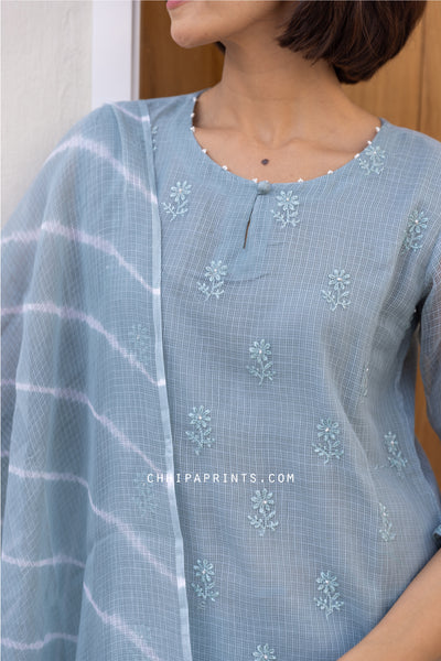 Kota Doria Embroidery Buti Suit Set in Crystal Teal
