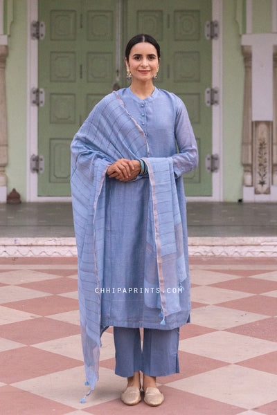 Chanderi Linen Plain Dye Suit Set in Shades of Pale Blue