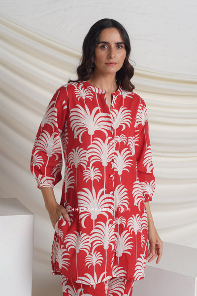 Cotton Hand Printed Palm Tree Co Ord Set in Red