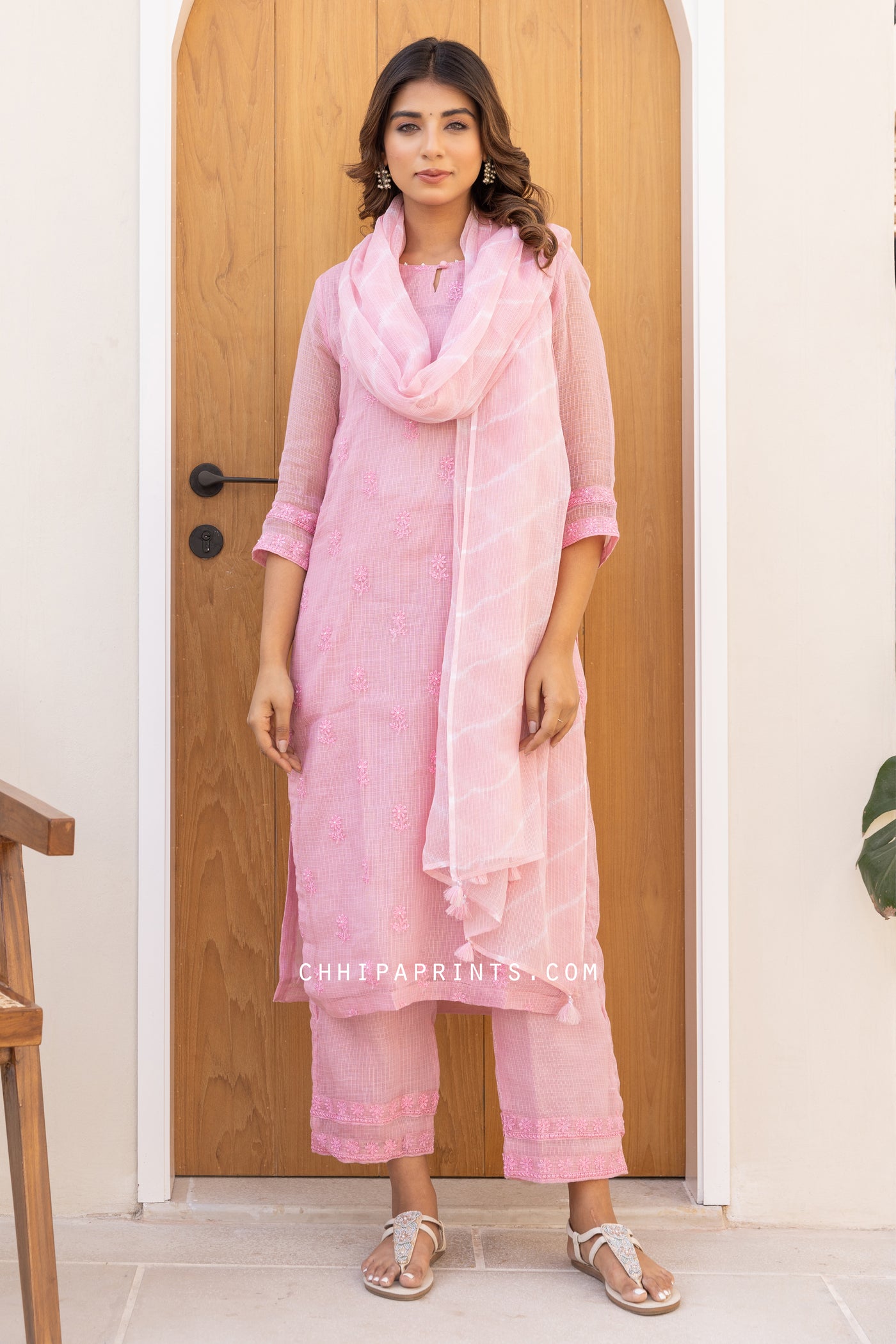 Kota Doria Embroidery Buti Suit Set in Candy Pink