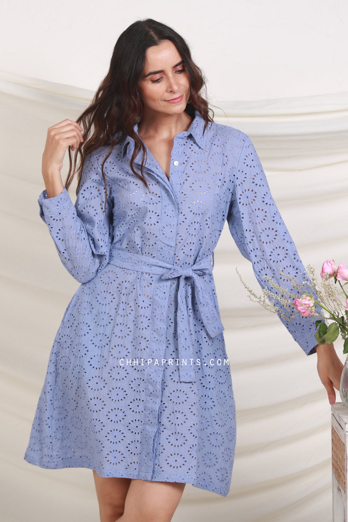 Cotton Schiffli Embroidery Shirt Dress in Powder Blue