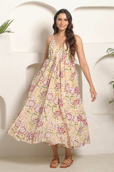 Cotton Hand Block Floral Print Maxi Dress In Shades of Beige and Mauve