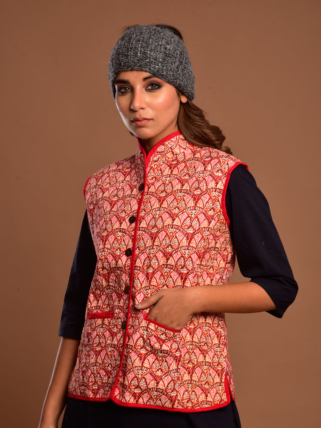 Cotton Quilted Jacket Red Geo